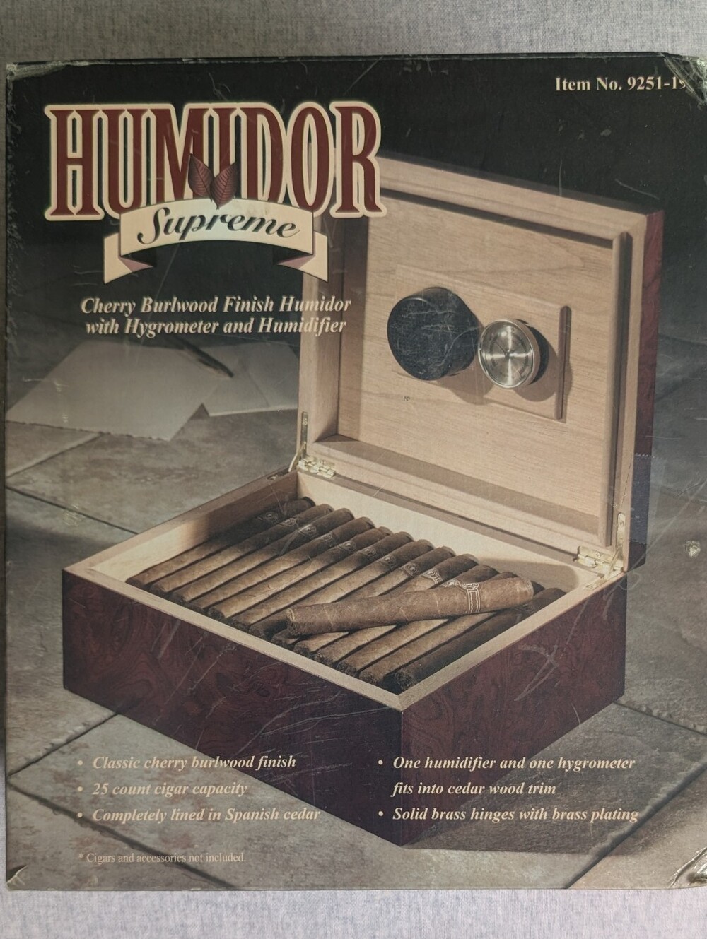 NEW Supreme Humidor Cherry Burlwood Finish Hygrometer & Humidifier w/ Brass 25ct